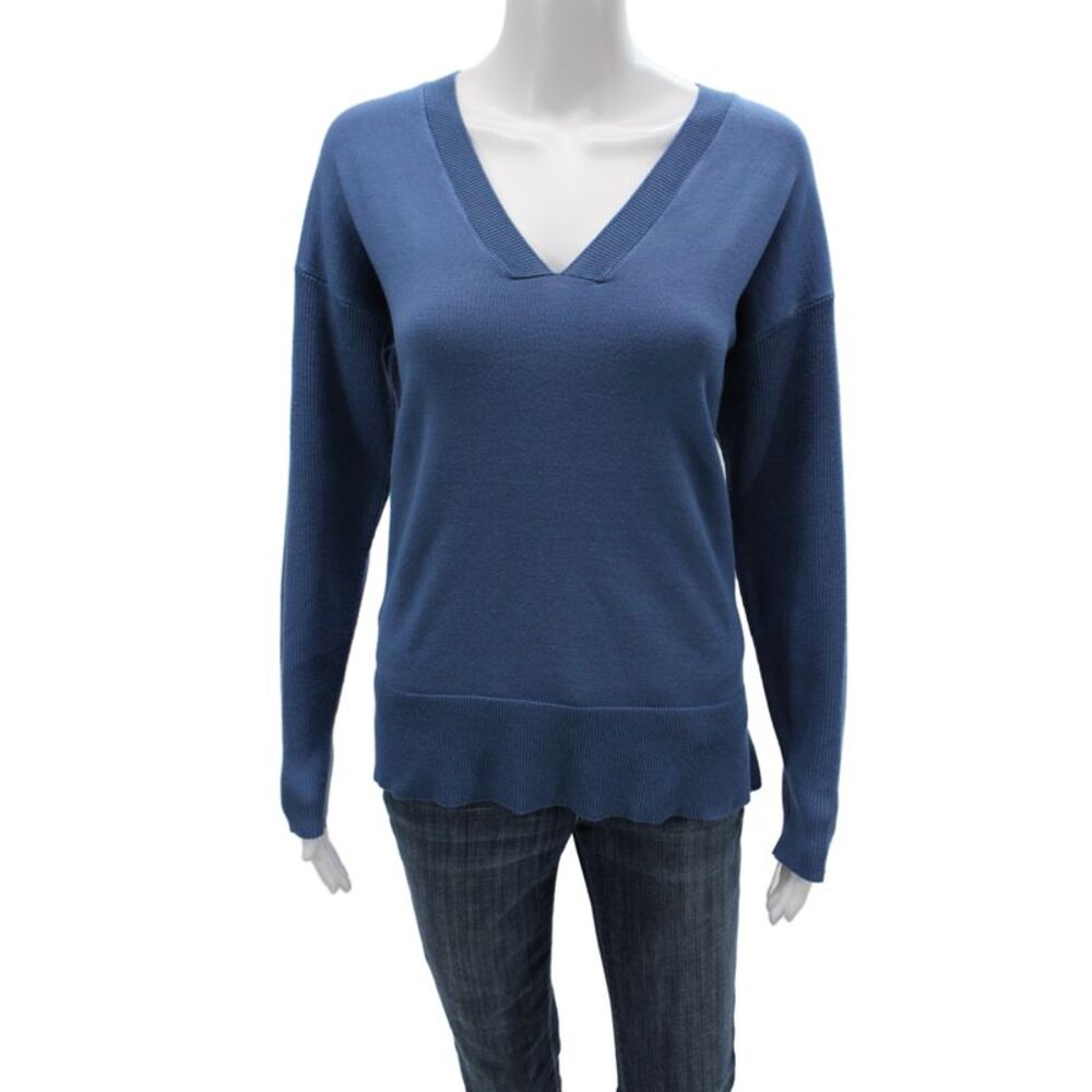 Metric Knits Women Pullover V-Neck Long Sleeve Blue 80% Viscose Size M